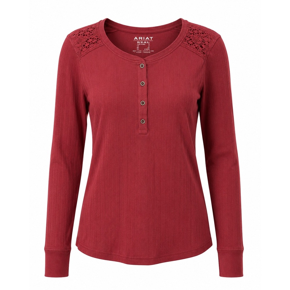 Ariat REAL Henley Pointelle Knit Lace Shoulder Small Red Western Top